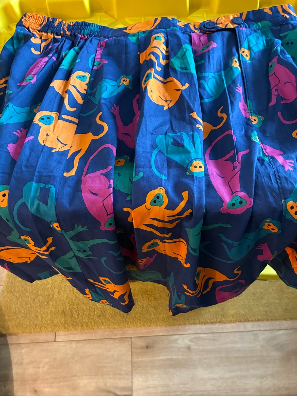 Modcloth Navy Skirt with Pink, Green & Orange Glowing Monkey Print